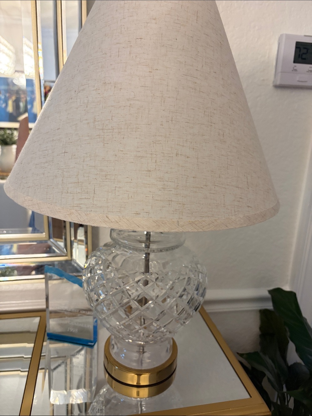 2 Waterford Crystal Cut Glass Table Lamp with Cream Shade and Gold Accent